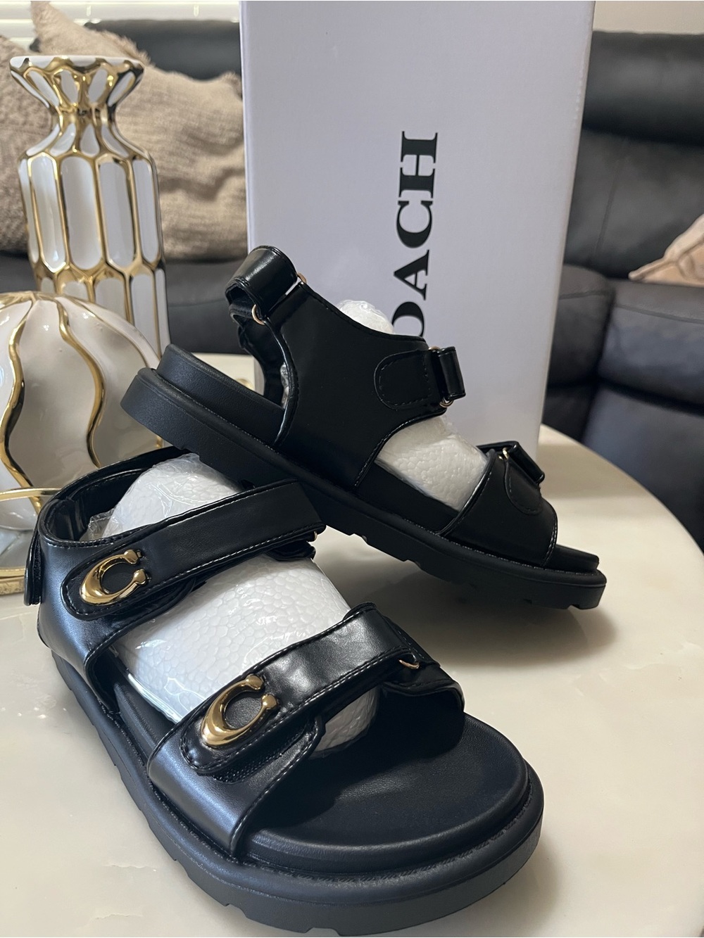 Coach Black Leather Kids Sandals with Gold Logo Hardware